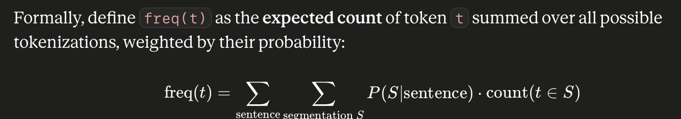 Formally, define freq(t) as the expected count of token t summed over all possible